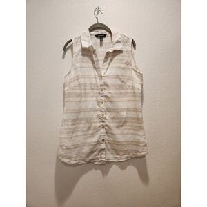 Ellen Tracy 100% Linen Sleeveless Button Shirt Beige Stripe Gold Buttons M